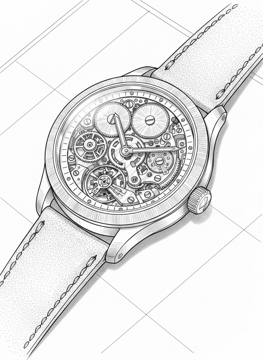 A meticulously detailed mechanical wristwatch rendered in elegant black line-art, centered on a clean white page. The watch features a brushed steel bezel, sapphire crystal, and an exposed, intricate movement with gears, balance wheel, and tiny screws precisely drawn. It rests on a textured leather strap with visible stitching, laid diagonally across a minimalist drafting table. Soft, diffused studio lighting suggests gentle shadows under the case and strap, enhancing depth without gray fill. The mood is calm, obsessive, and contemplative, evoking a quiet ritual of appreciation. Composed at a slightly elevated angle with sharp focus across the entire illustration, the style is sophisticated, architectural, and purpose-built for adult coloring with generous yet complex spaces for ink or pencil work.