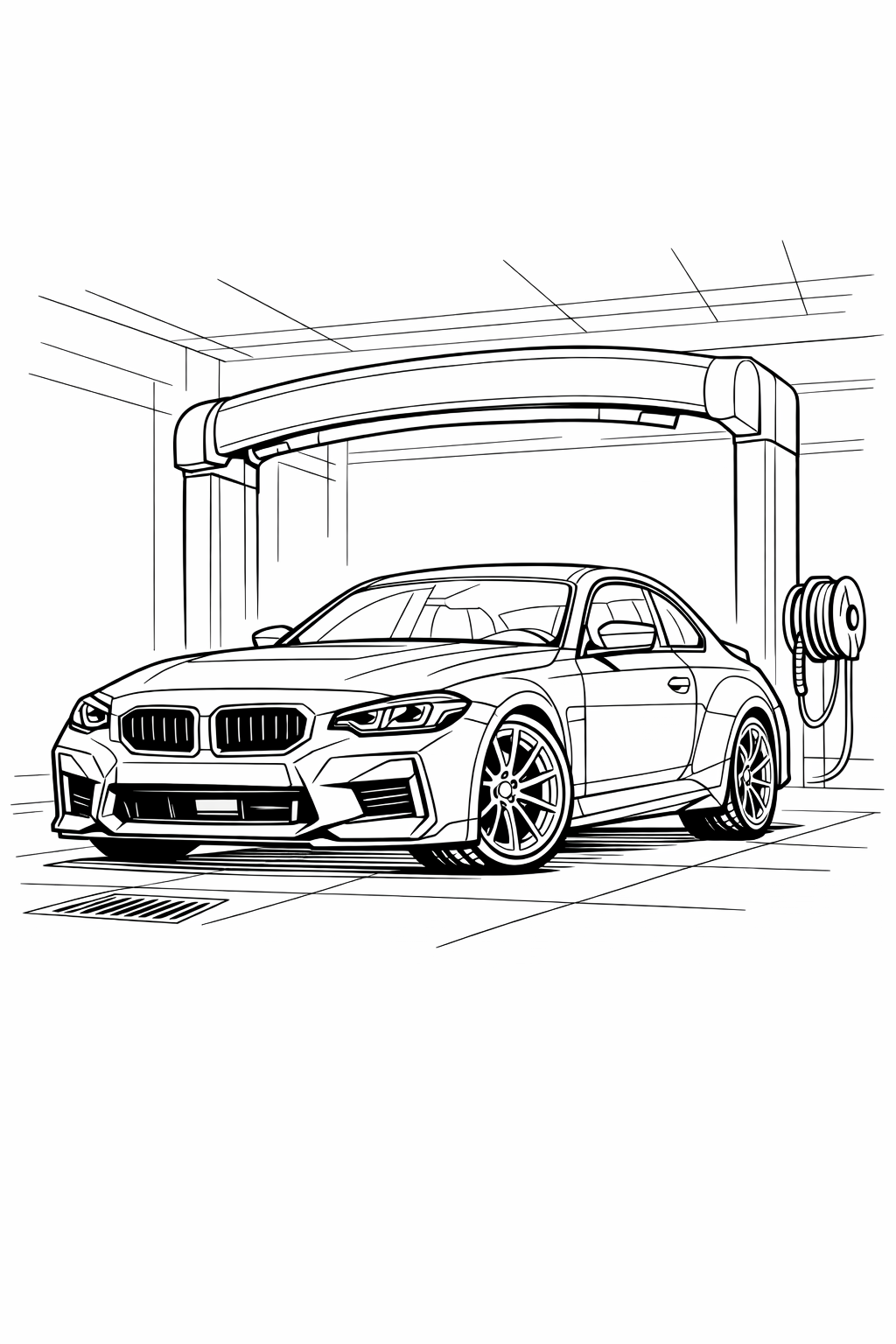 BMW G87 M2 in Car Wash — Technical Line Art Coloring Page