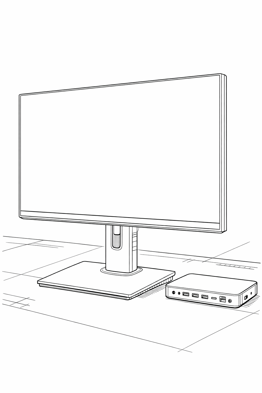 27-inch Professional Monitor with Stand and Laptop Dock — Printable Line Art Coloring Page
