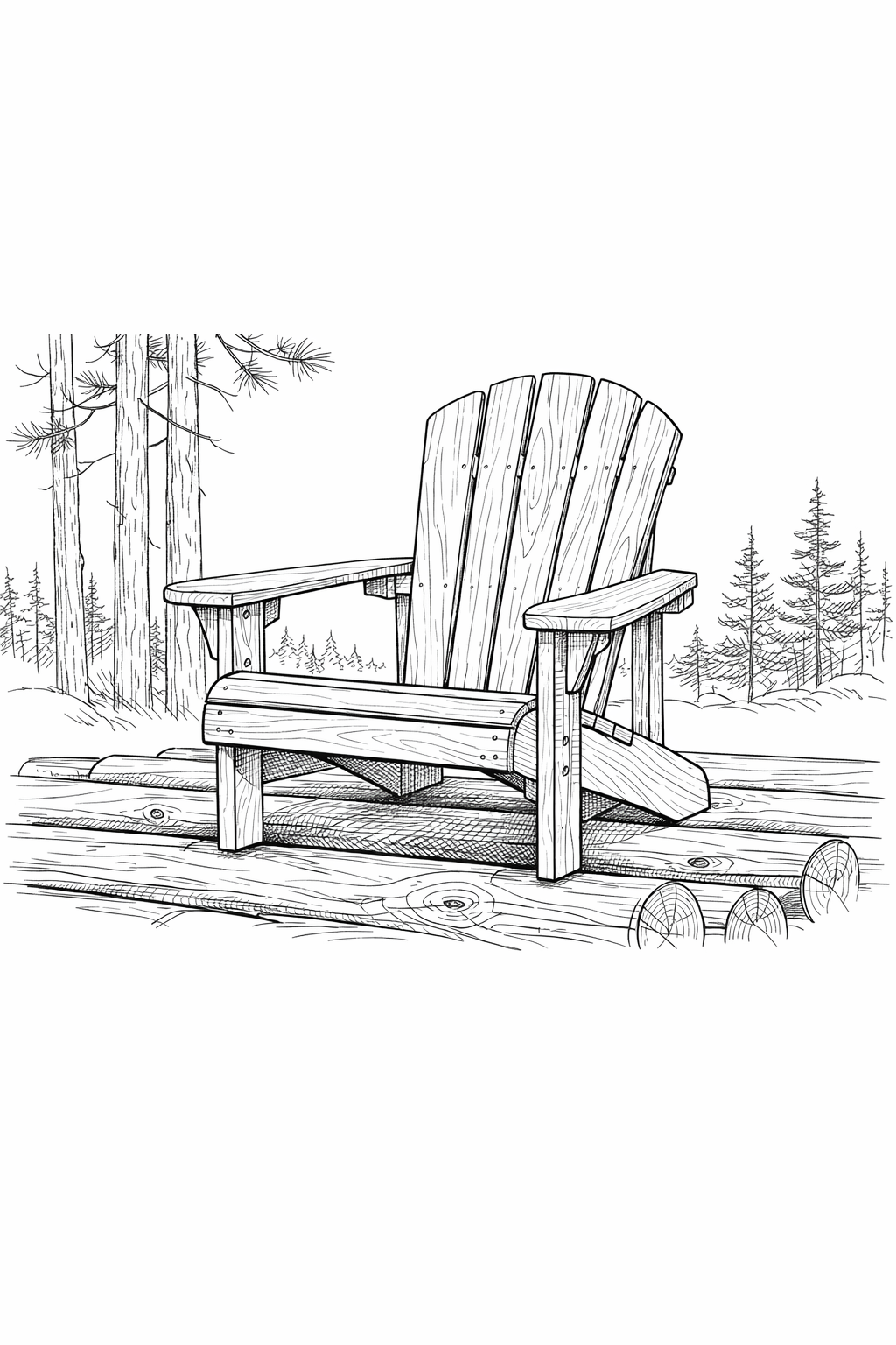 Adirondack Chair on Log Deck with Pine Backdrop — Wide Technical Line Art Coloring Page
