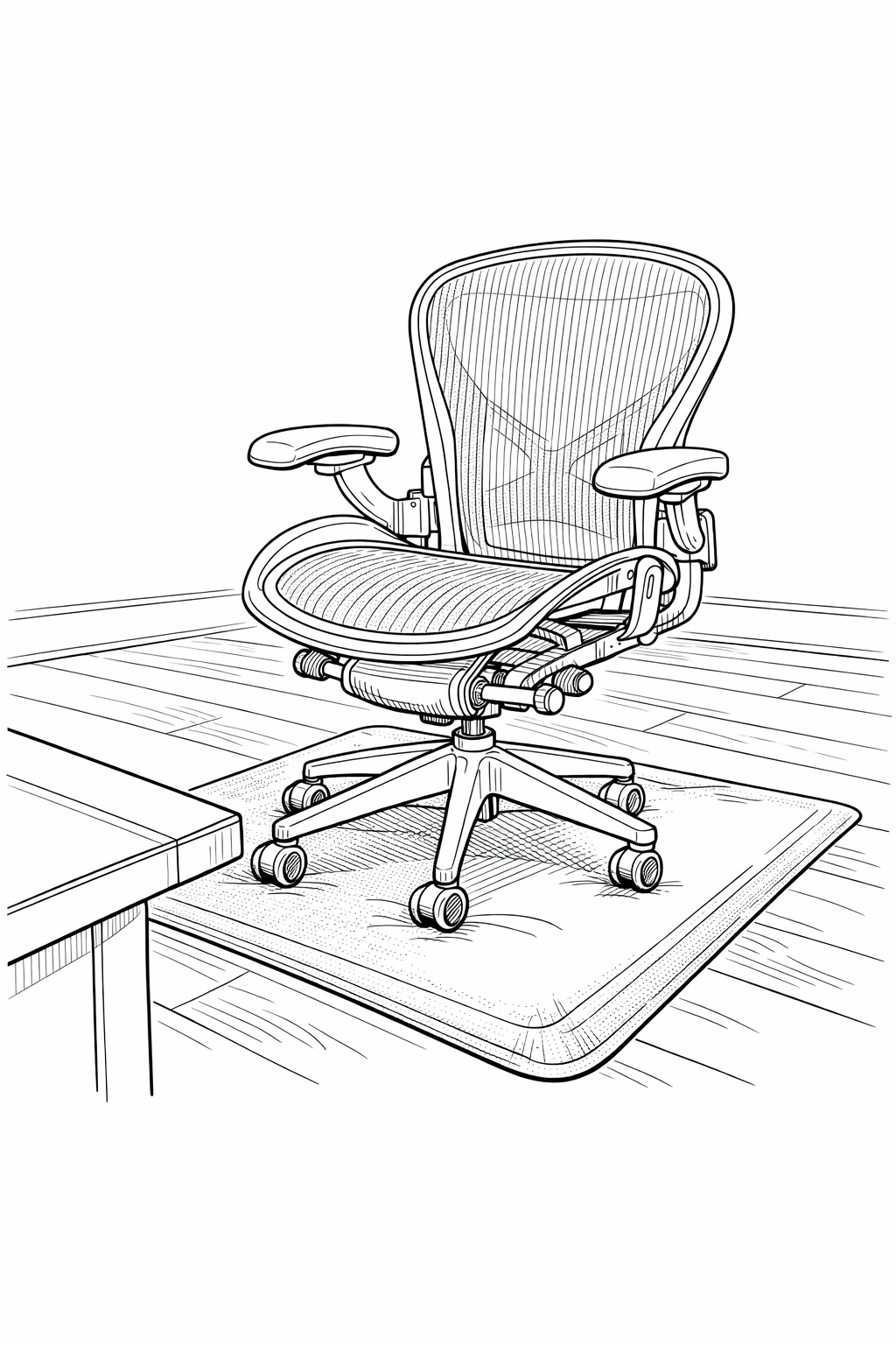 Herman Miller Aeron chair technical line drawing coloring page — desktop vignette