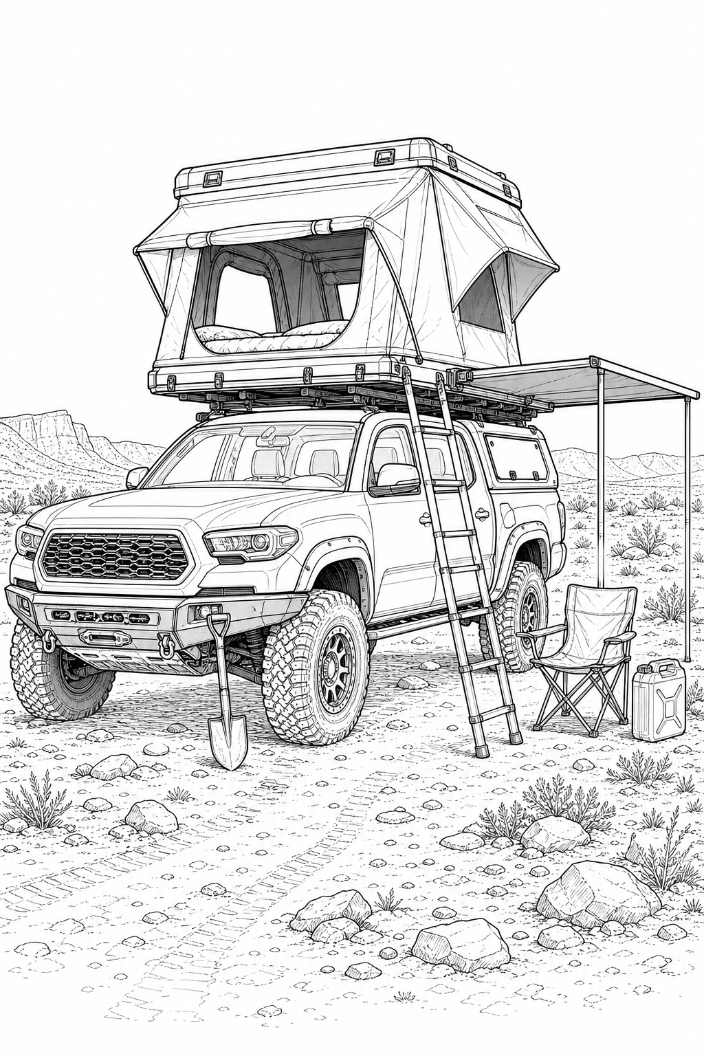 Alu-Cab Gen 3-R Rooftop Tent on Overland Truck – Technical Line Art Coloring Page