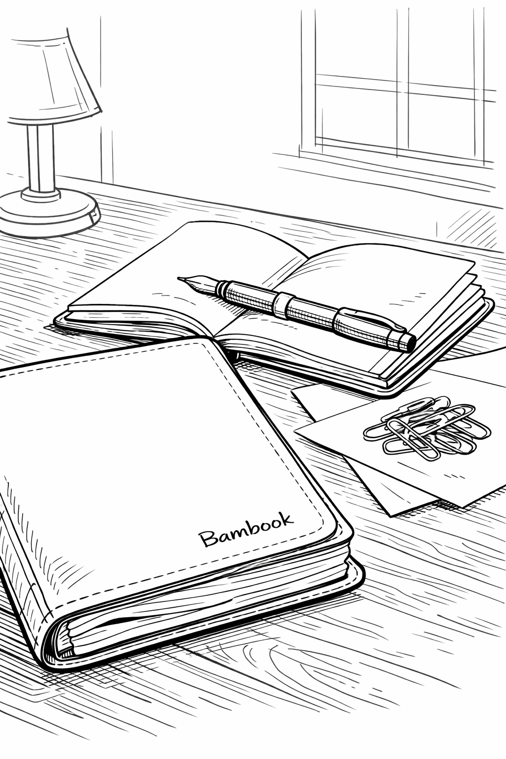 Bambook Notebook Closeup on Desk — Technical Line Drawing Coloring Page