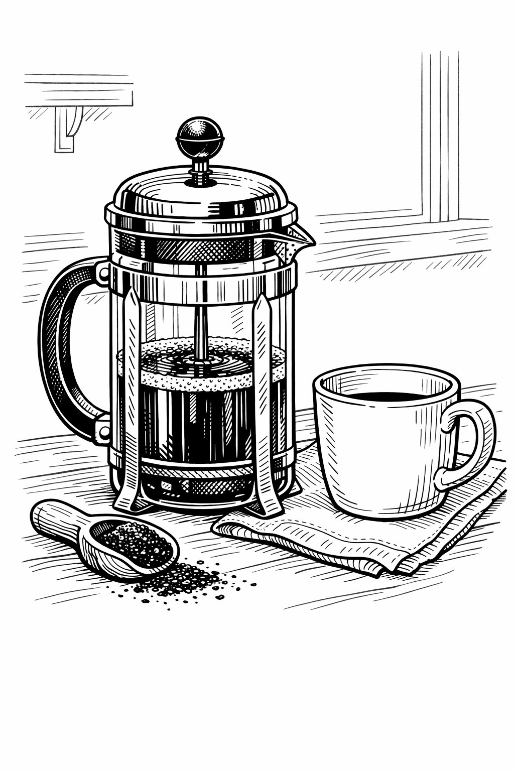 Bodum French Press Still Life Coloring Page — Technical Line Drawing