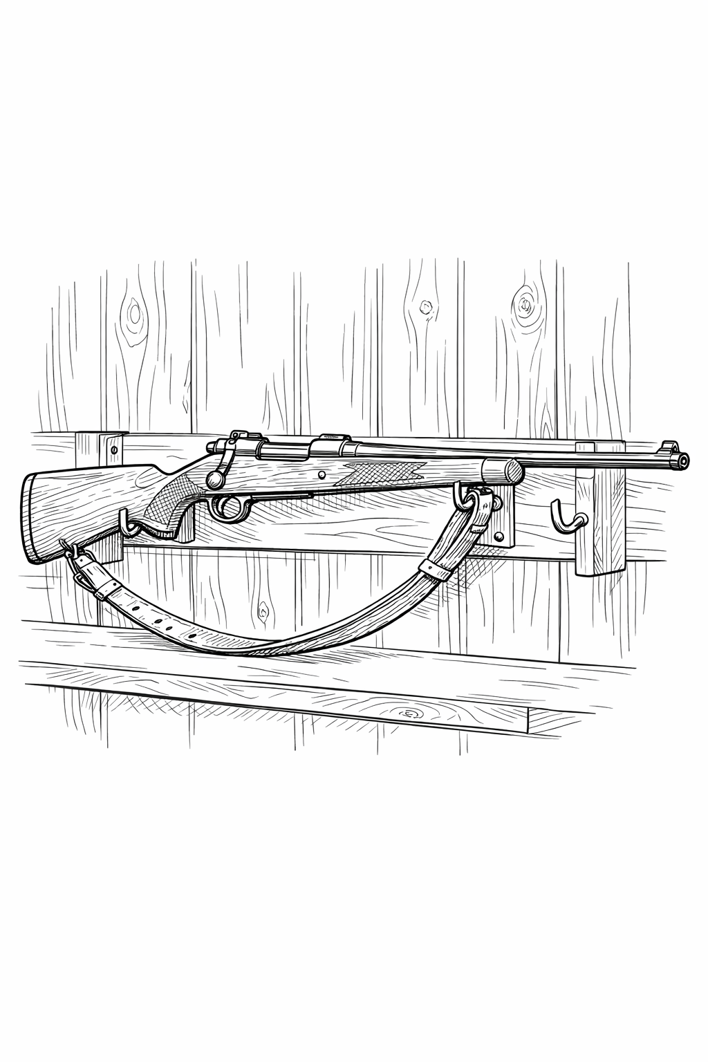 Bolt-Action Rifle in Rustic Cabin — Technical Line Art Coloring Page