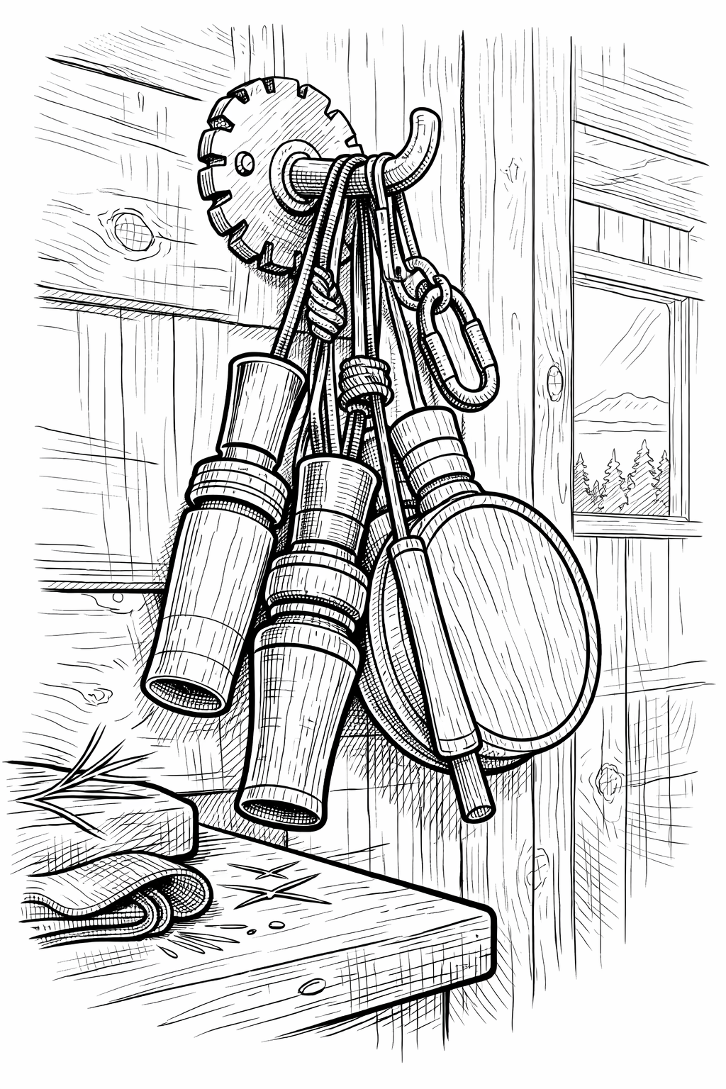 Cabin Hunting Game Calls — Detailed Line Art Coloring Page