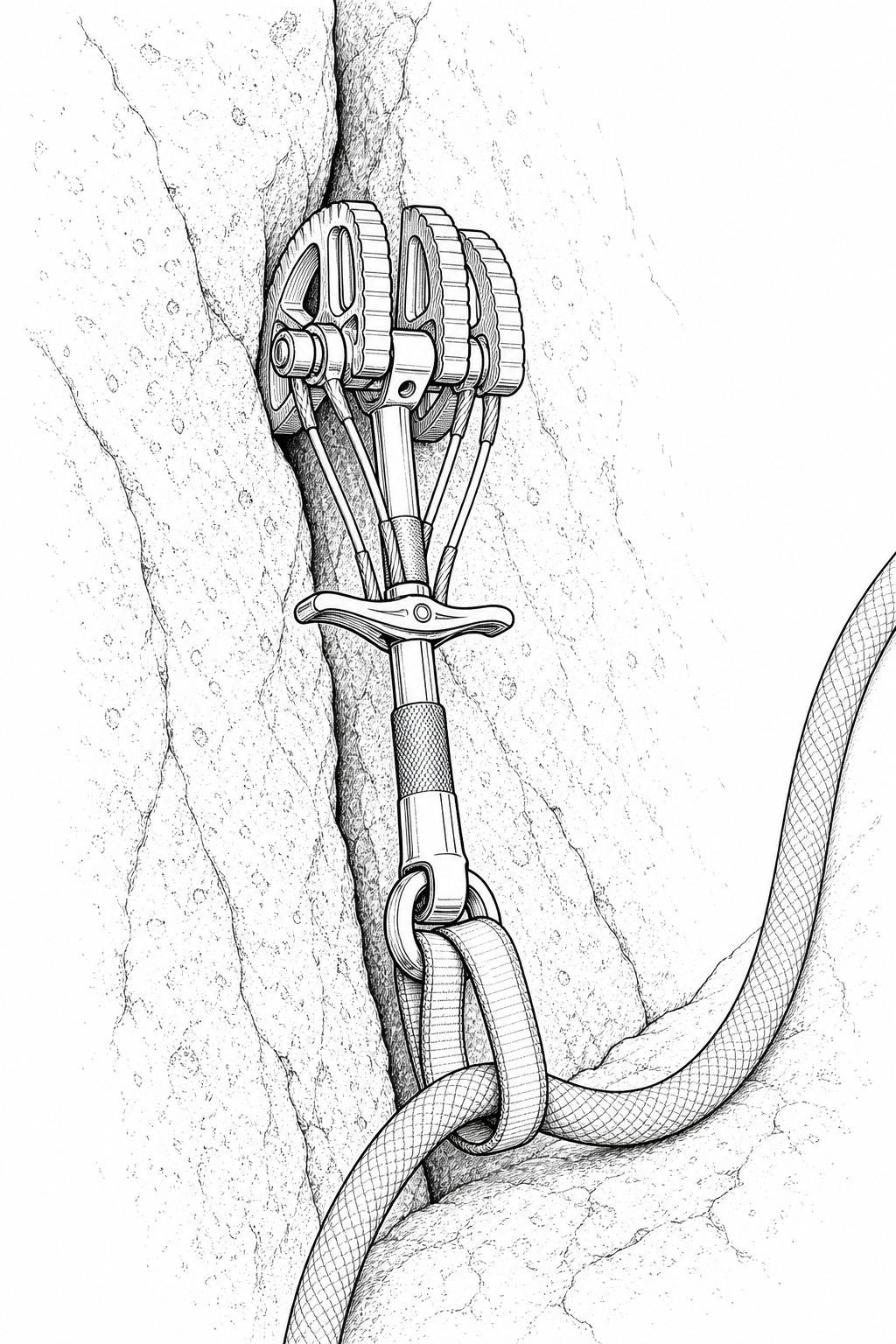 Camalot C4 camming device on granite — detailed black-and-white line art