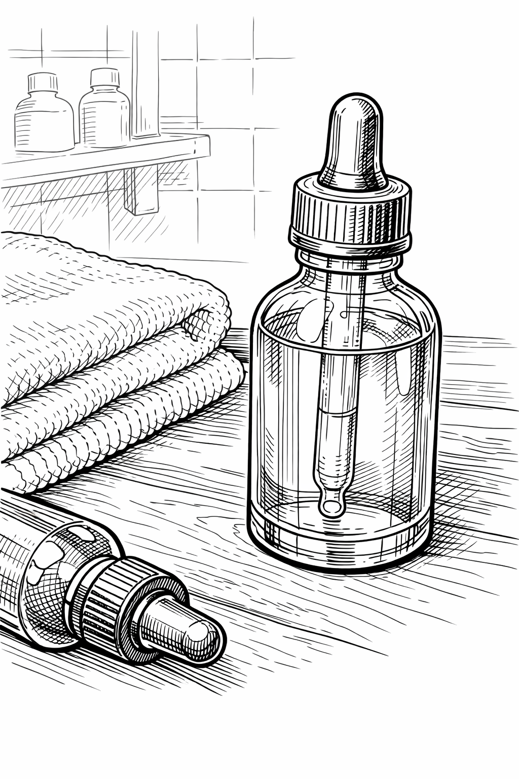 Captain Fawcett-style Beard Oil Still Life Coloring Page – Technical Line Drawing