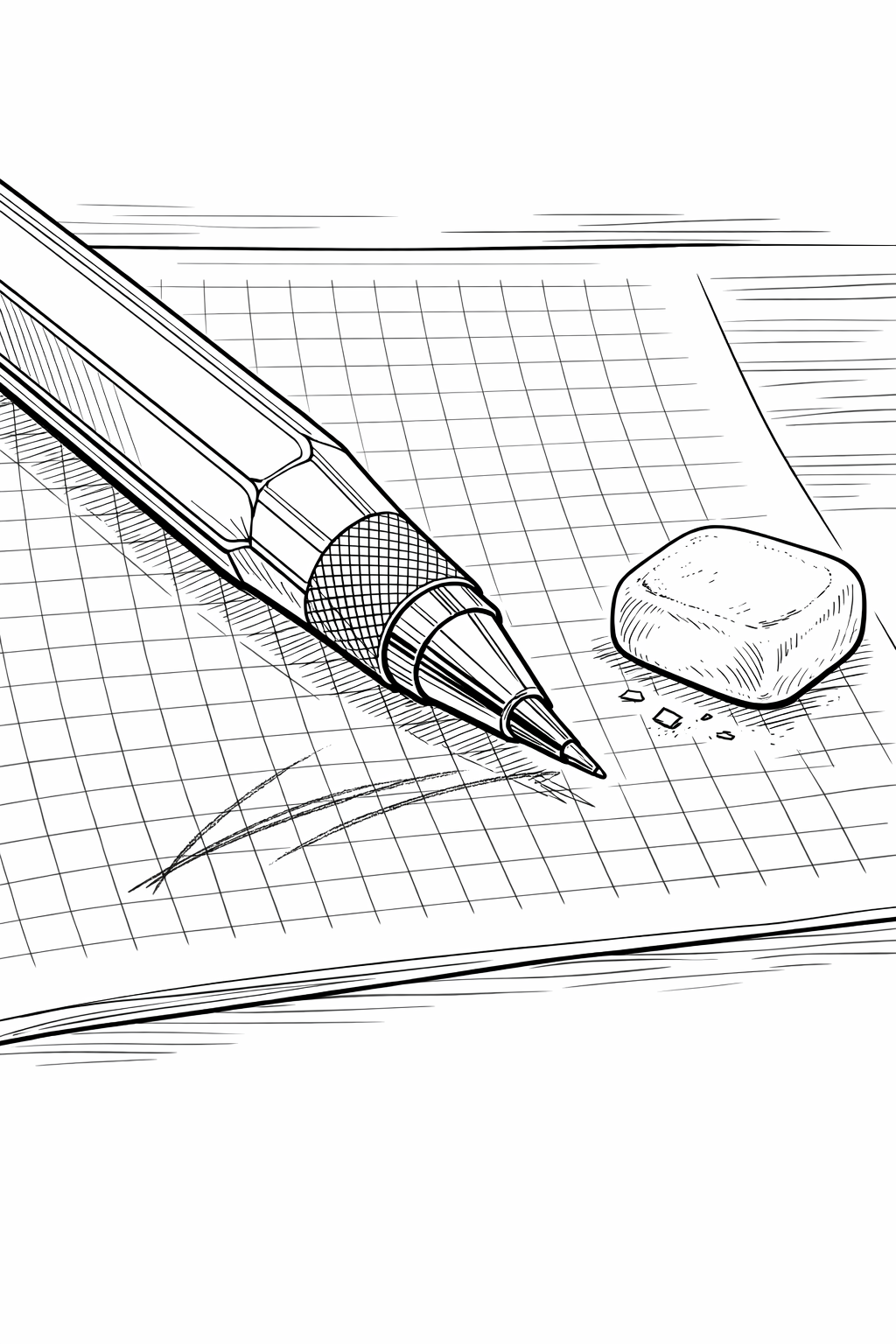 Closeup Caran d’Ache 849 mechanical pencil on graph paper – technical line art coloring page