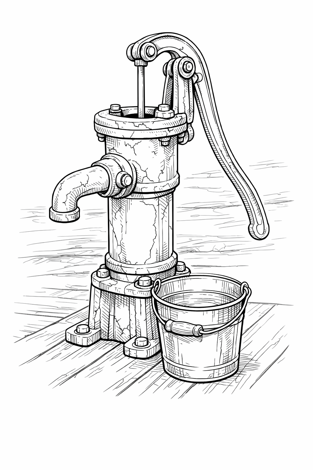 Cast-Iron Hand Pump Coloring Page with Bucket and Wooden Floor