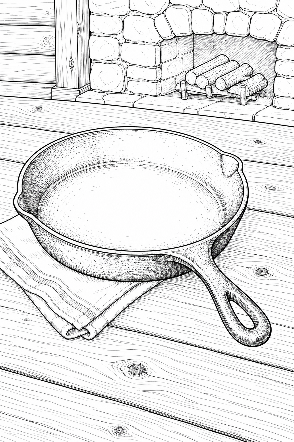 Cast Iron Skillet on Pine Table by Stone Hearth — Line Art Coloring Page
