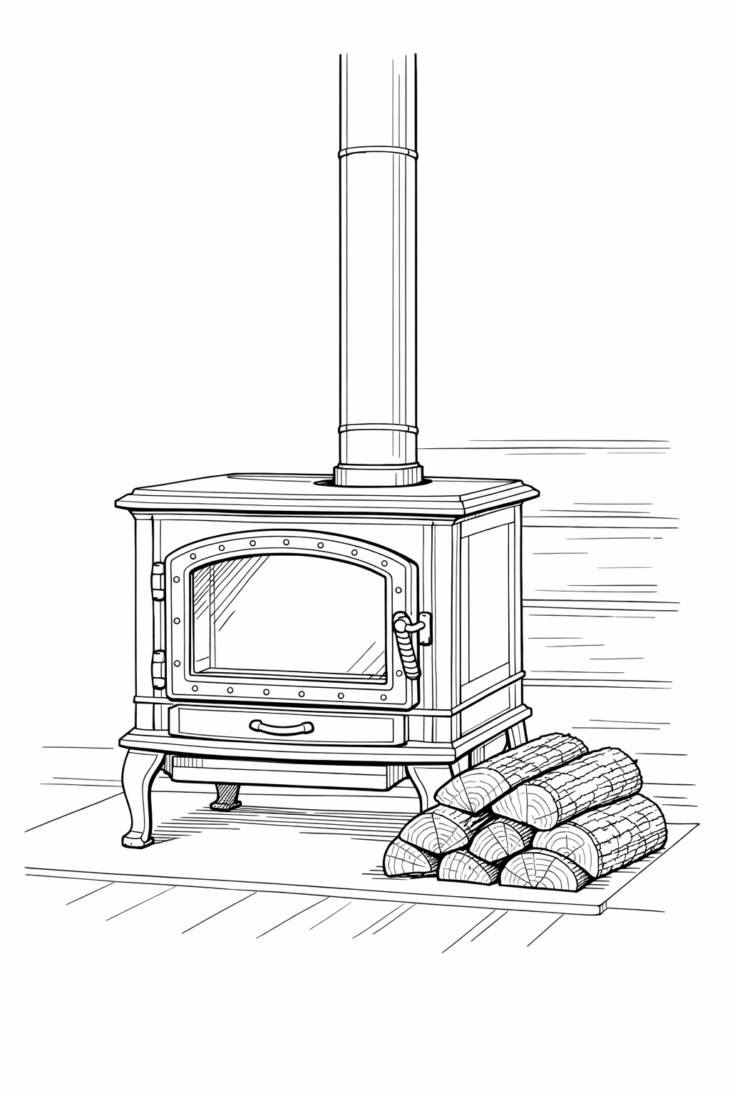 Cast-Iron Wood-Burning Stove Coloring Page — Cabin Line Art