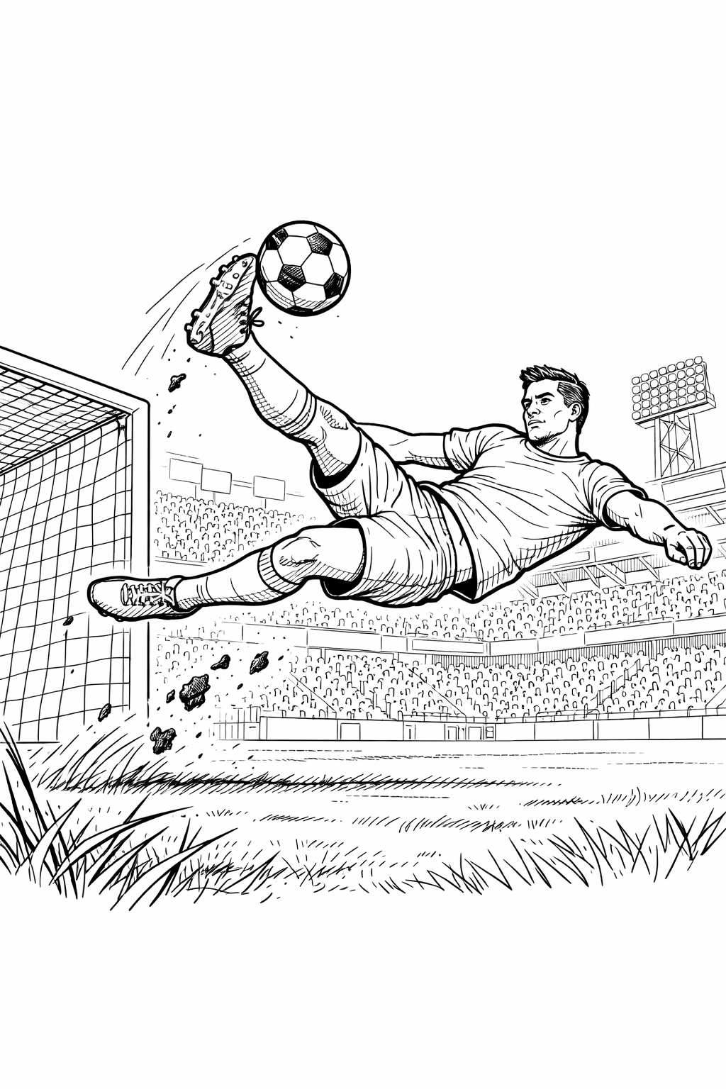 Classic Football Overhead Kick Goal Coloring Page — Striker in Action
