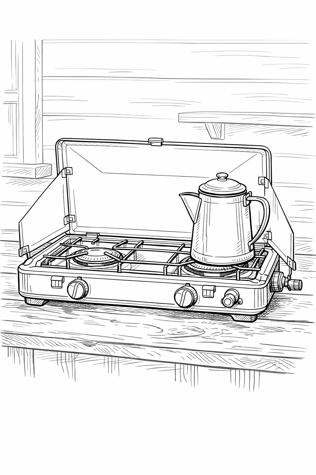 Coleman Two-Burner Camp Stove on Cabin Counter — Line Art Coloring Page