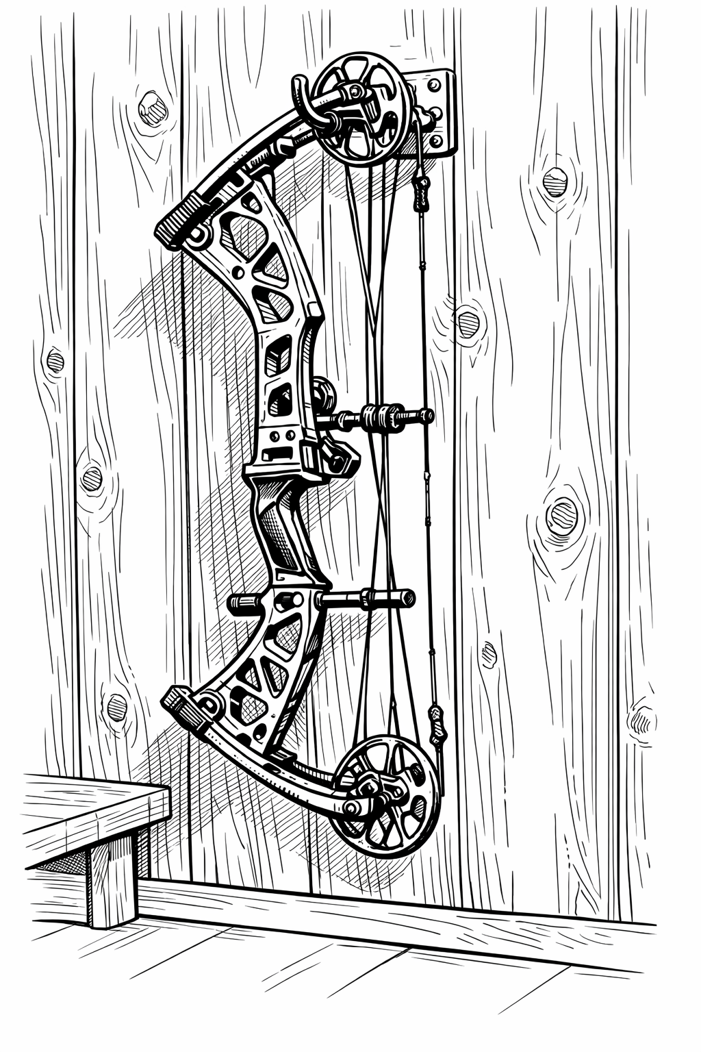 Compound Bow on Pine Cabin Wall — Printable Line Art Coloring Page