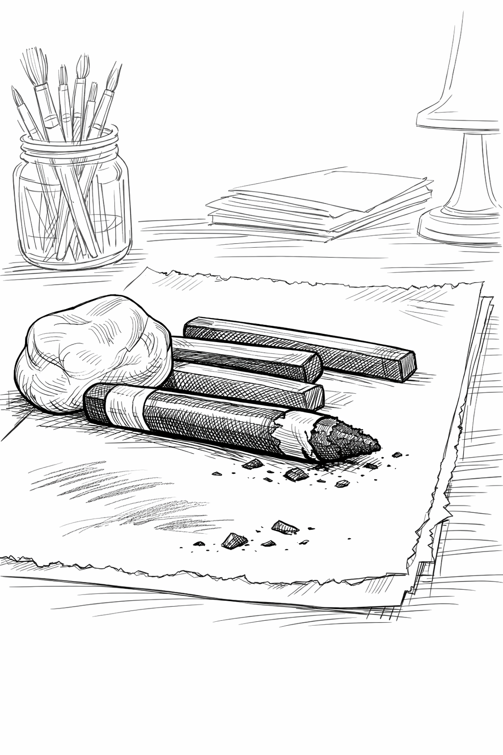 Conté charcoal sticks still life technical line drawing coloring page