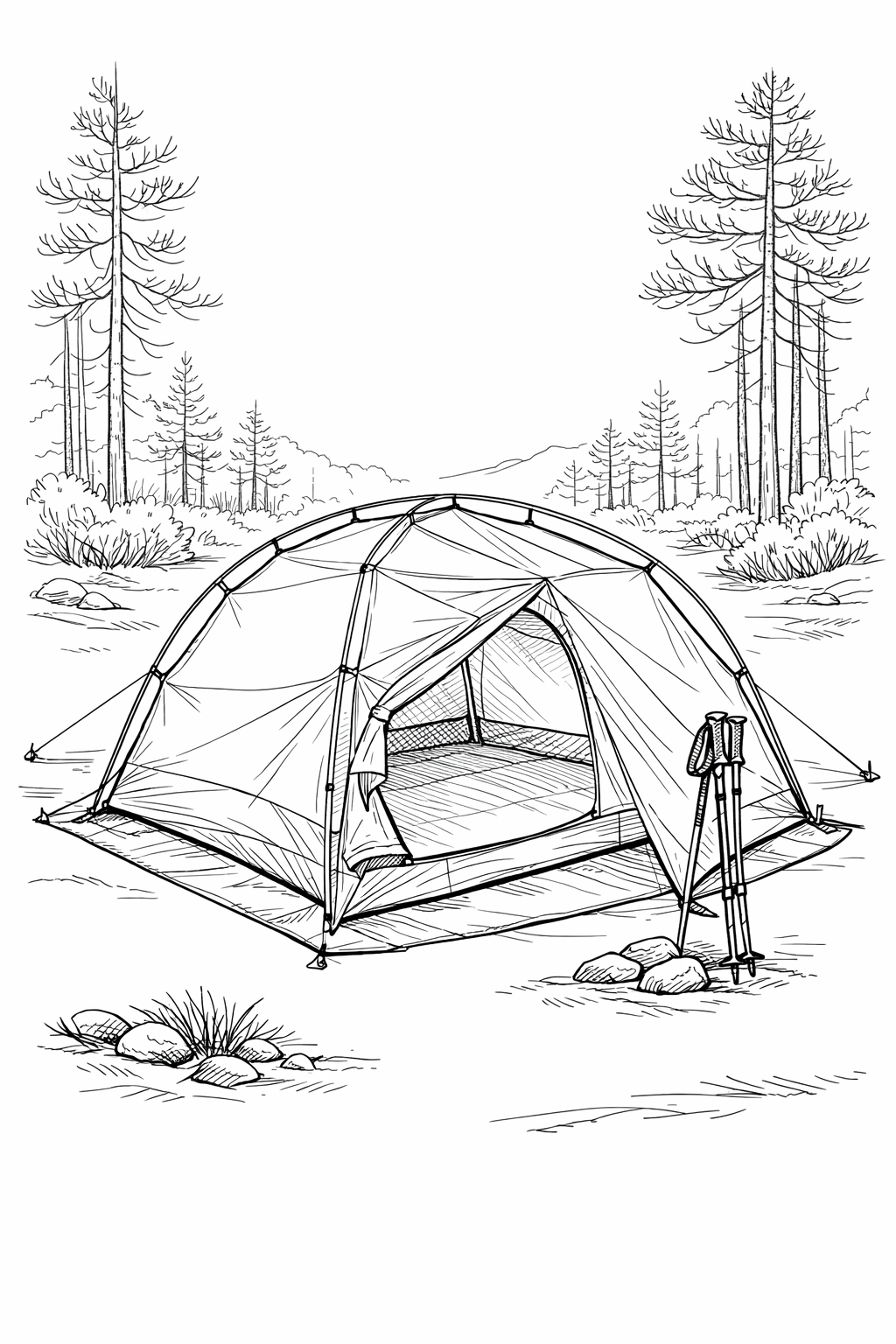Copper Spur HV UL2 backpacking tent in a forest clearing — line art coloring page