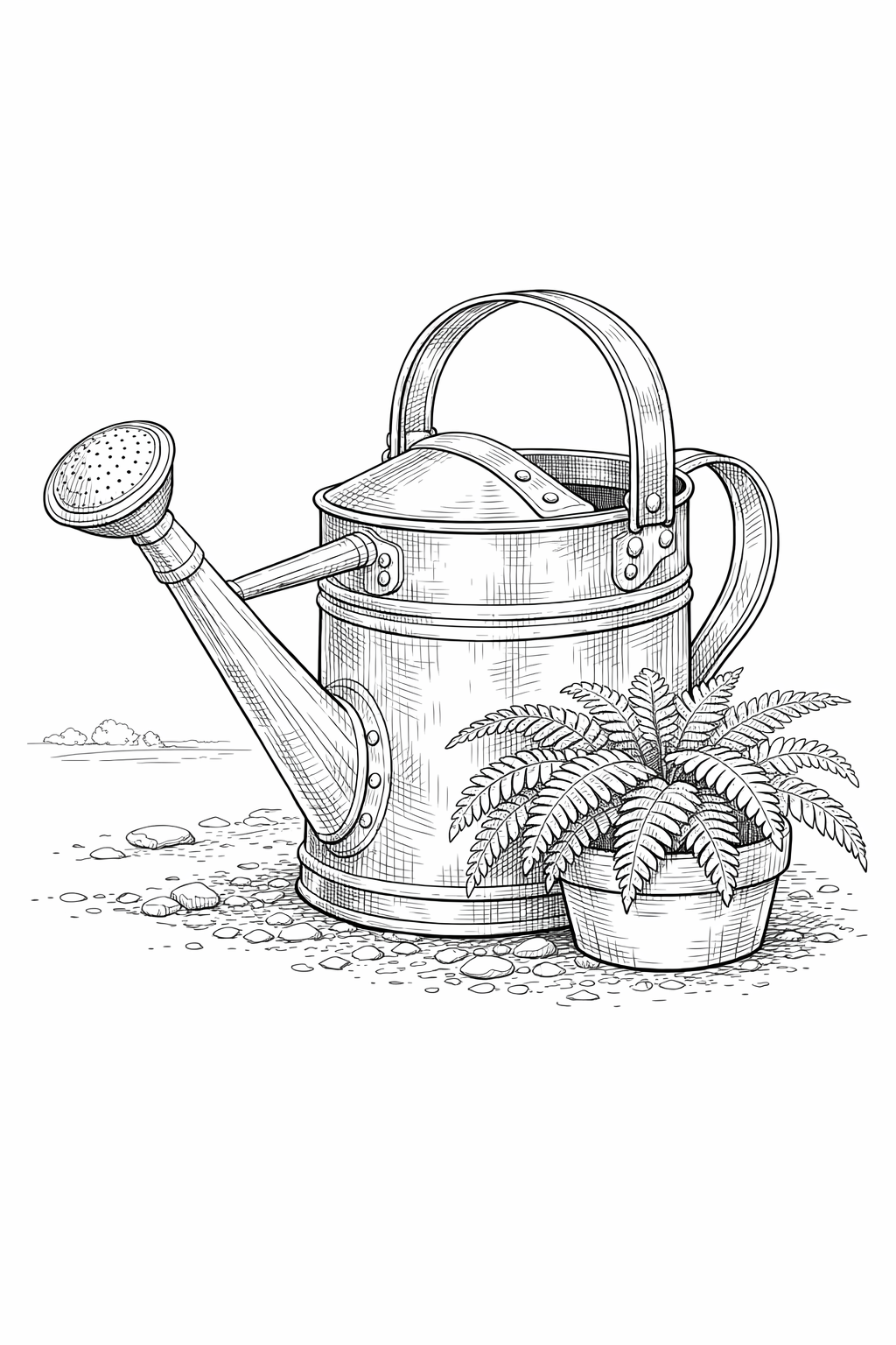 Copper Watering Can and Potted Fern Coloring Page — Detailed Line Art