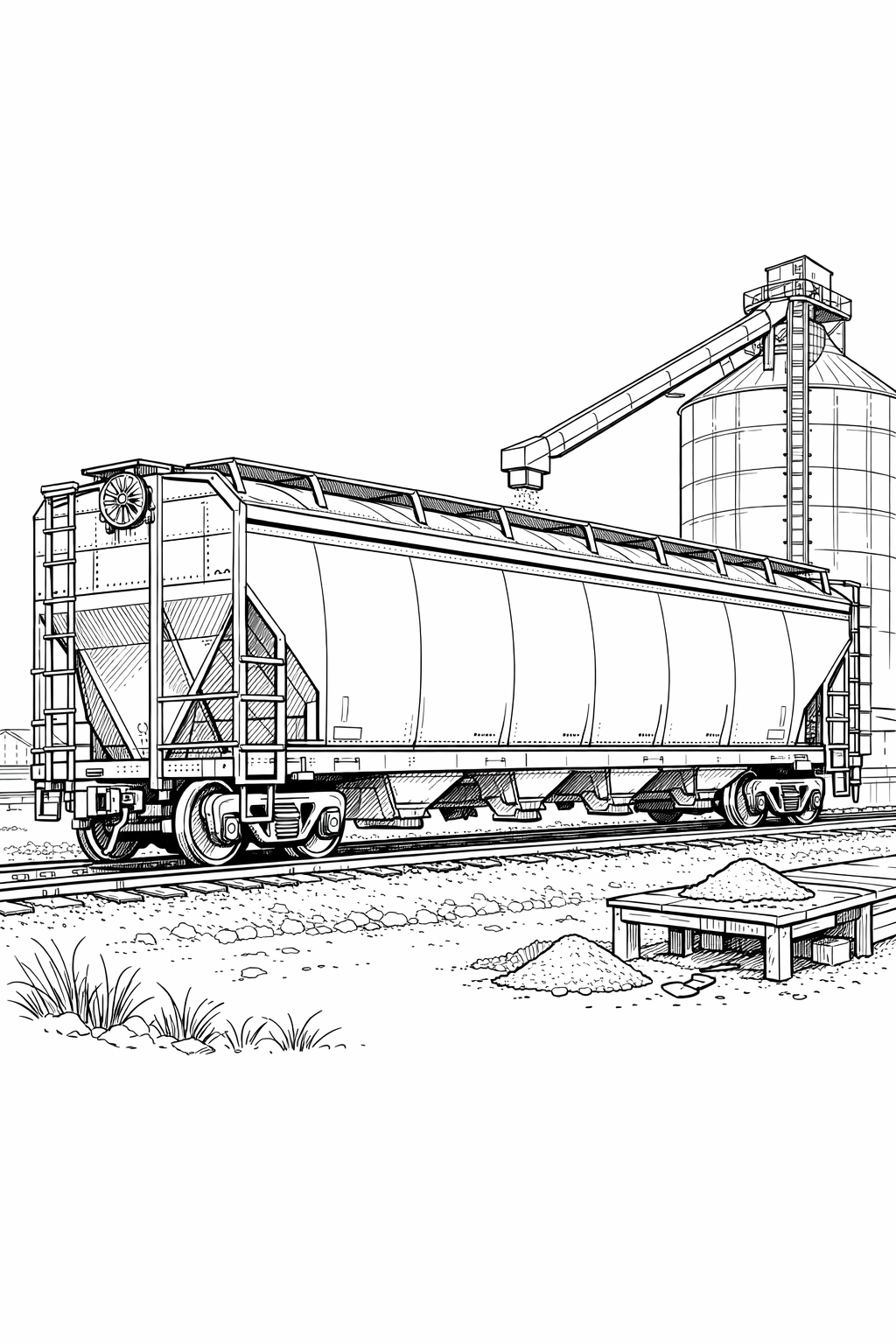 Covered Hopper Freight Car with Grain Silo — Technical Line Coloring Page