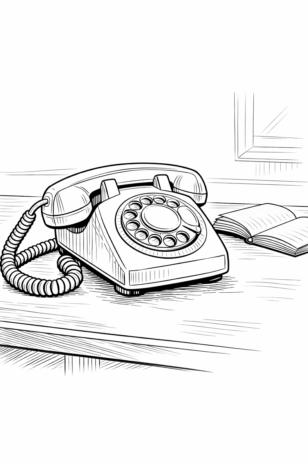 Danish Modern Rotary Phone on Desk — Technical Line Drawing Coloring Page