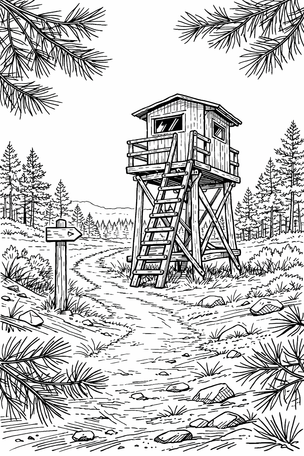 Deer Stand in Pine Forest — Cabin Hunting Technical Line Drawing Coloring Page