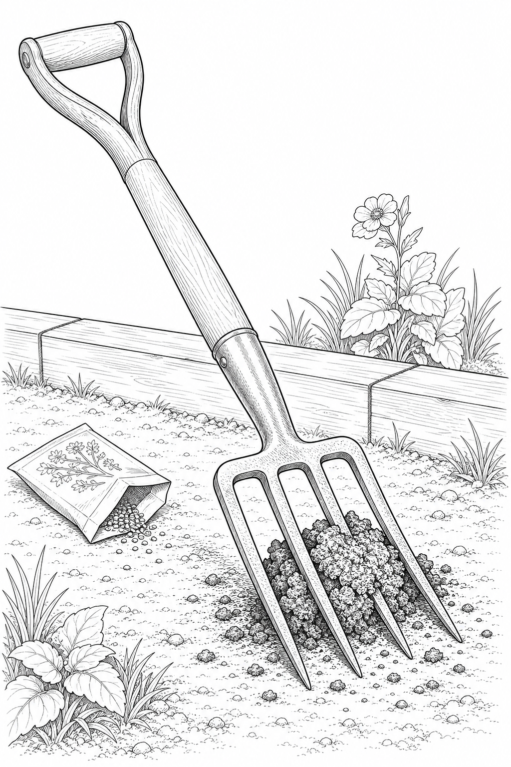 Digging Fork and Soil Prep Adult Coloring Page — Line Art Garden Tool