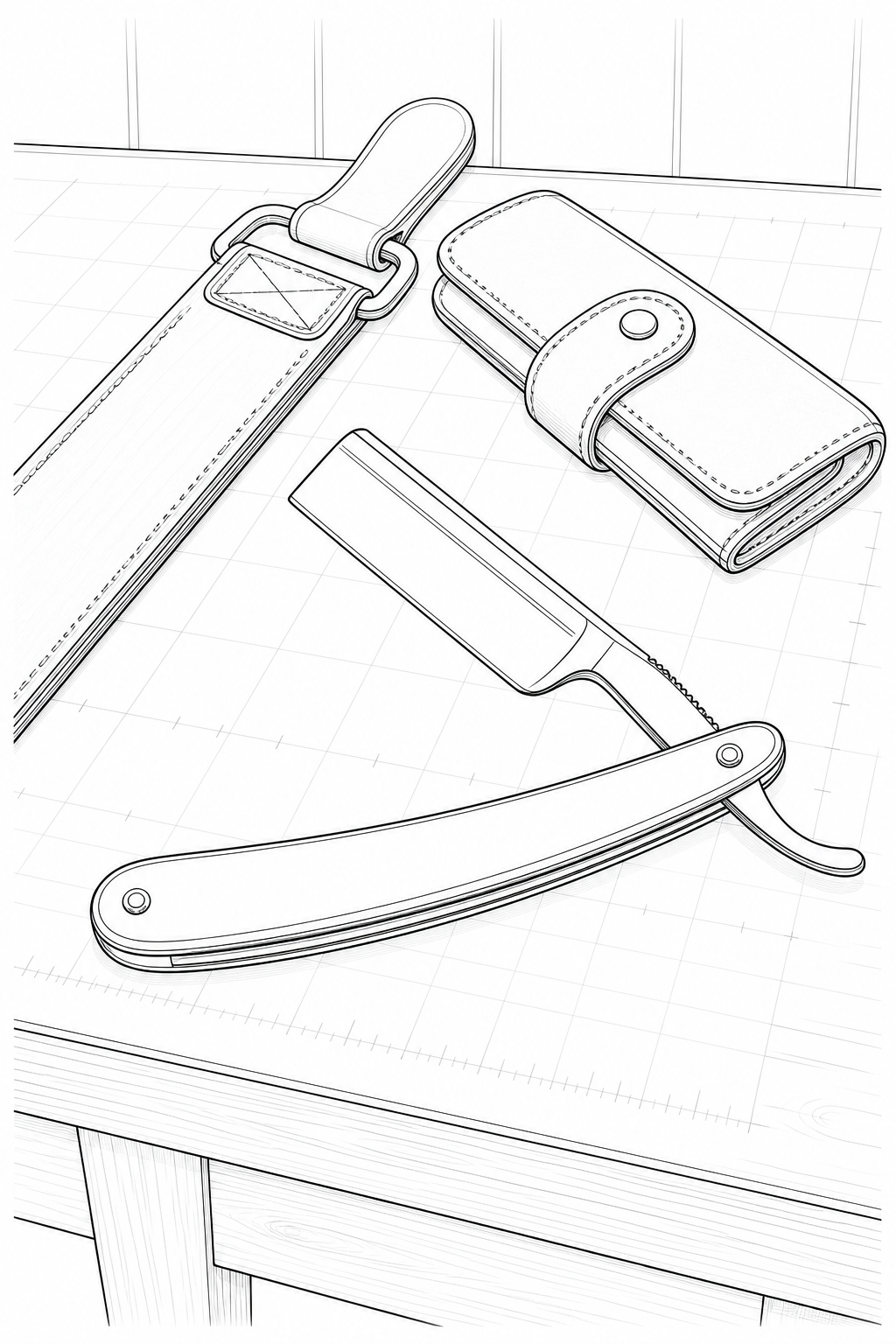 Dovo Straight Razor with Strop and Leather Case — Detailed Line Art Coloring Page