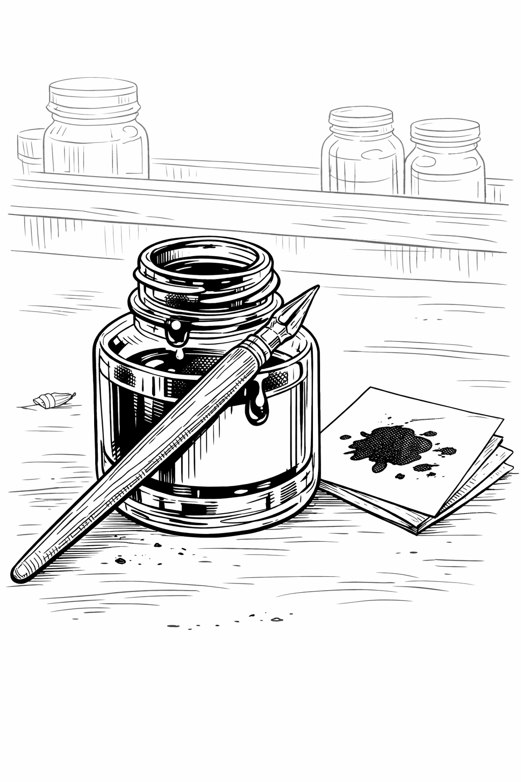 Dr. Ph. Martin’s Bombay India Ink Bottle with Dip Pen and Blotter — Technical Line Art Still Life