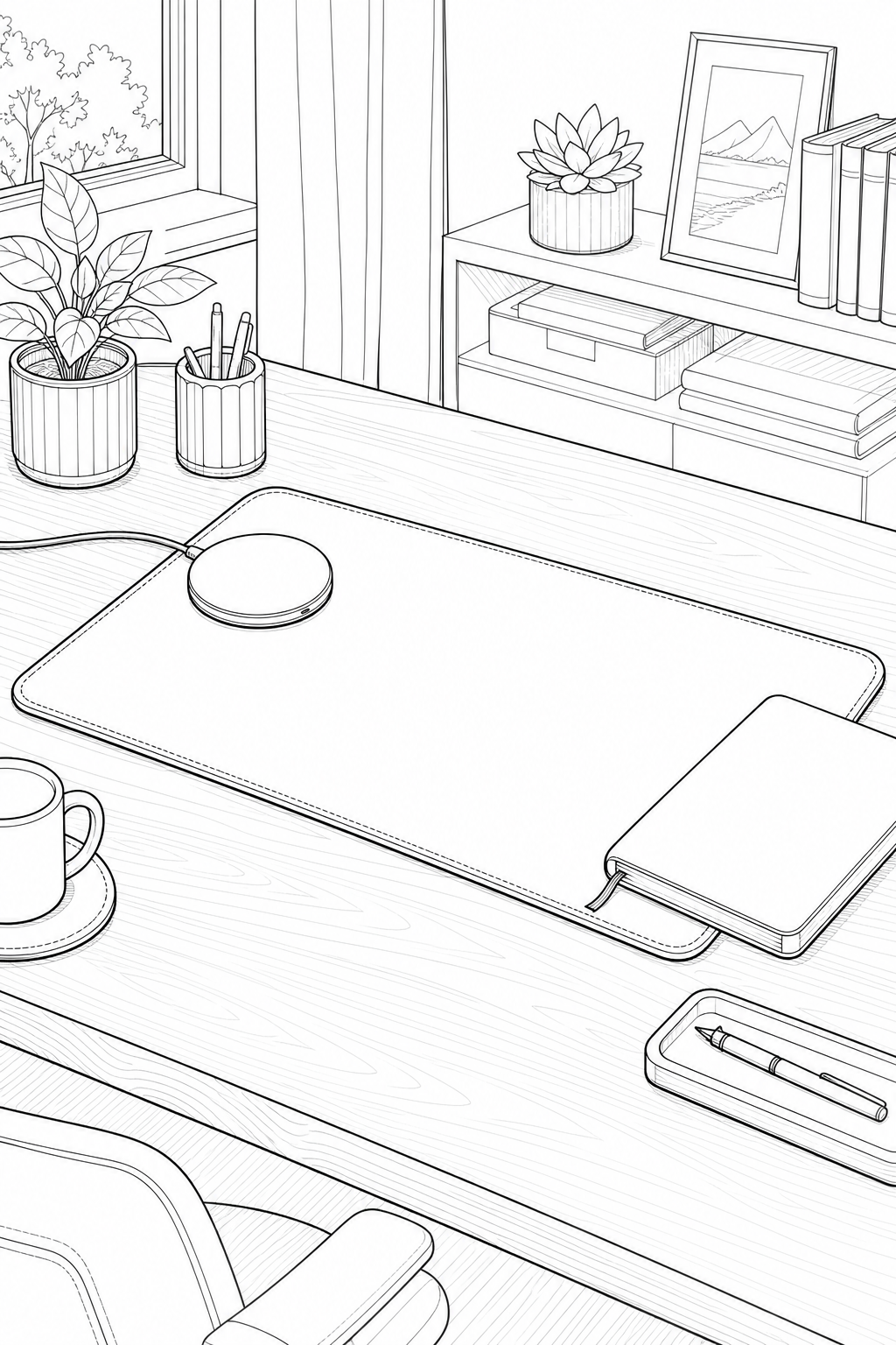 Eco-Leather Desk Mat with Wireless Charger and Slim Notebook — Technical Line Art Coloring Page