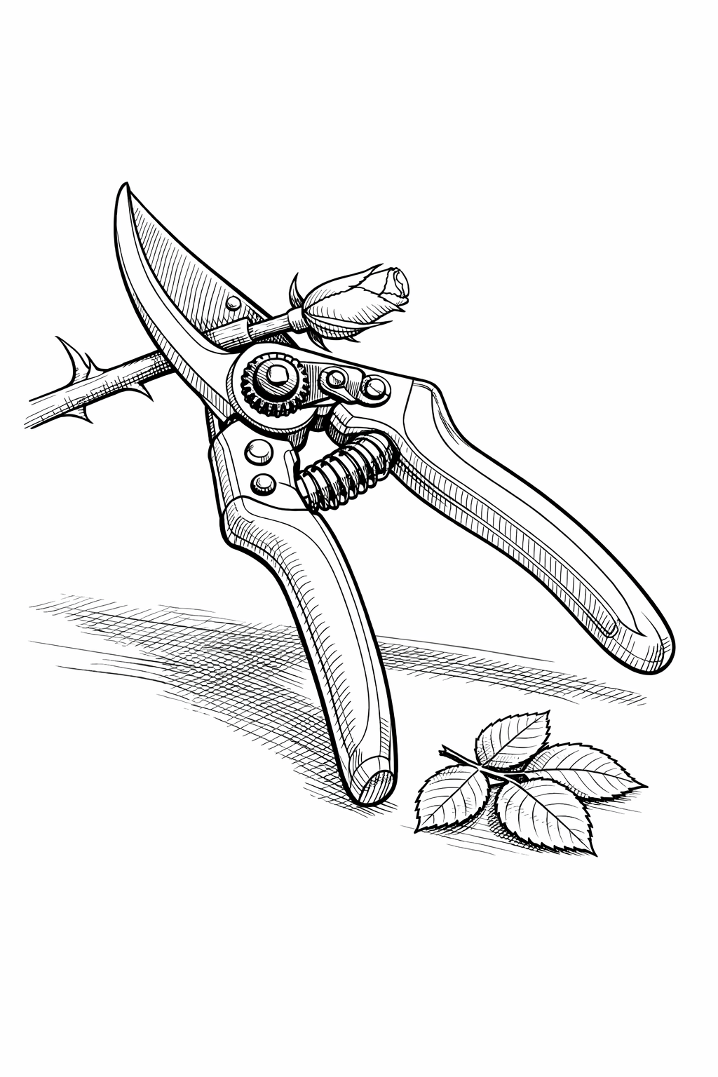 Felco F-2 Pruning Shears with Rose Stem — Detailed Black and White Line Art Coloring Page