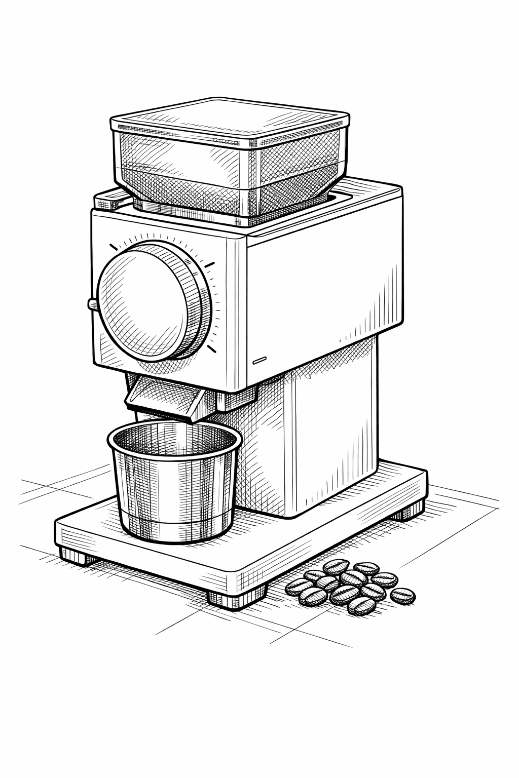 Fellow Ode Brew Grinder still-life coloring page with dosing cup and coffee beans