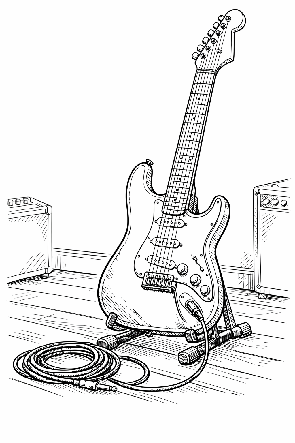 Fender Stratocaster Electric Guitar Coloring Page — Technical Line Drawing