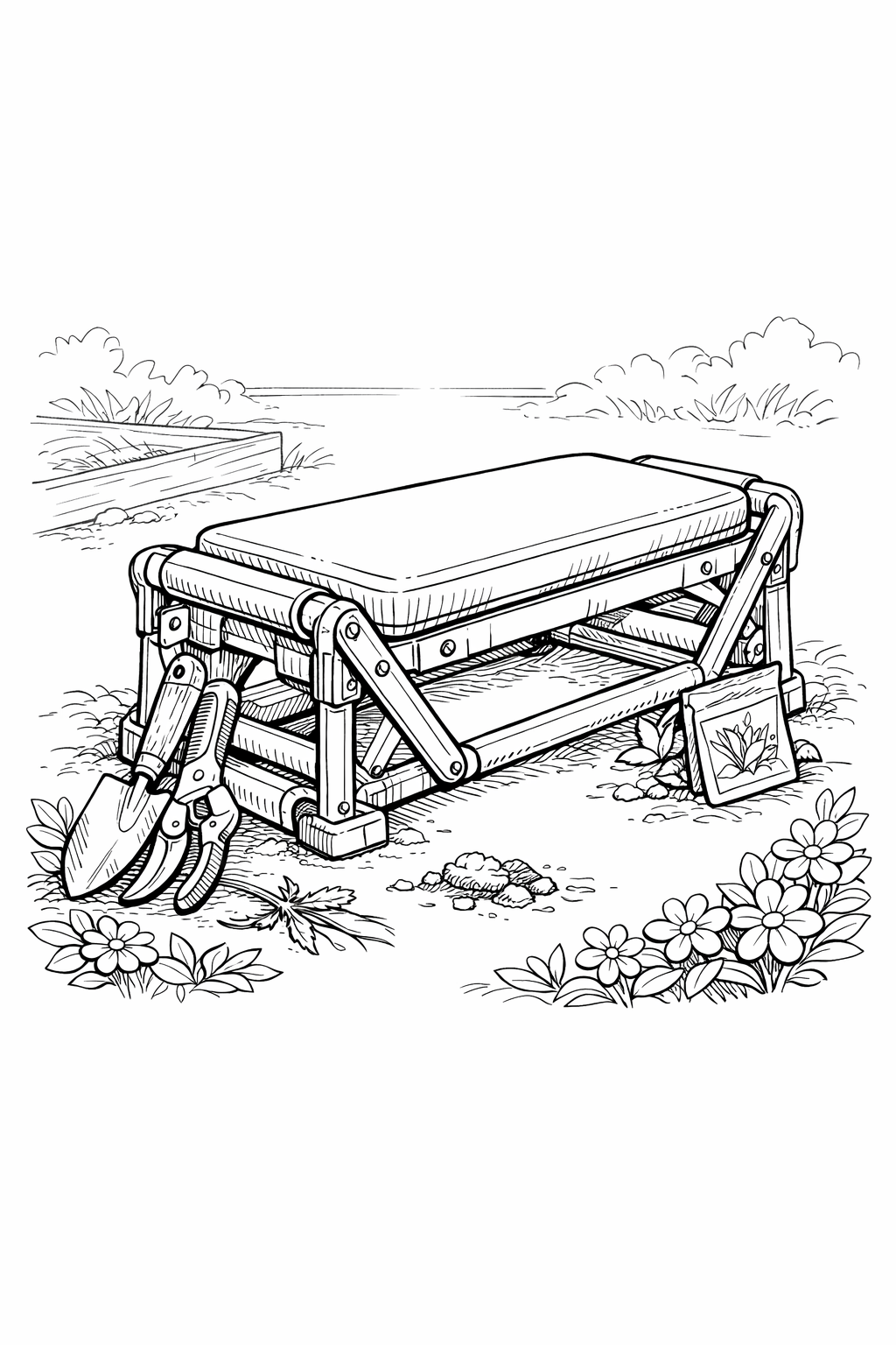 Foldable Garden Kneeler Seat Coloring Page — Technical Line Drawing