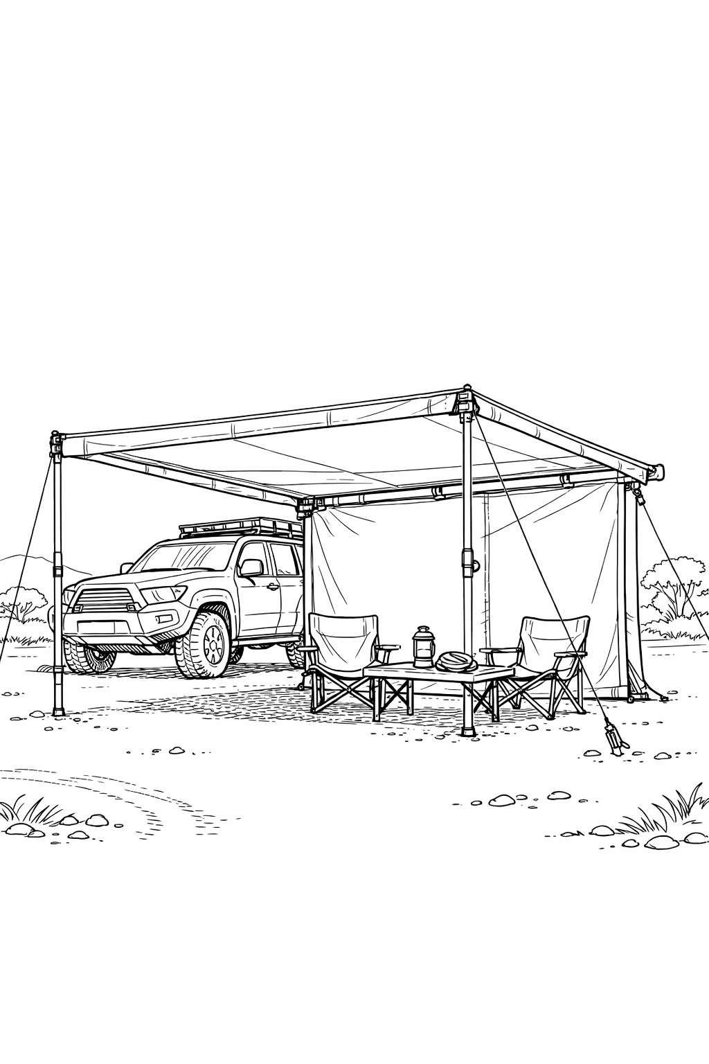 Freestanding Side Awning with Overland SUV Coloring Page