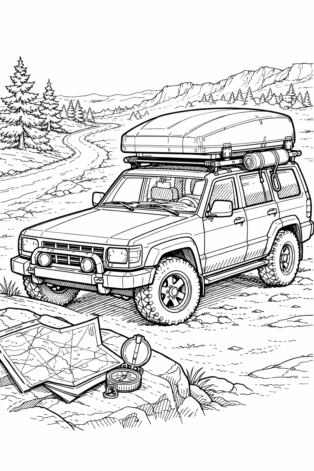Front-runner Rooftop Cargo Box on Overland Wagon — Technical Line Art Coloring Page