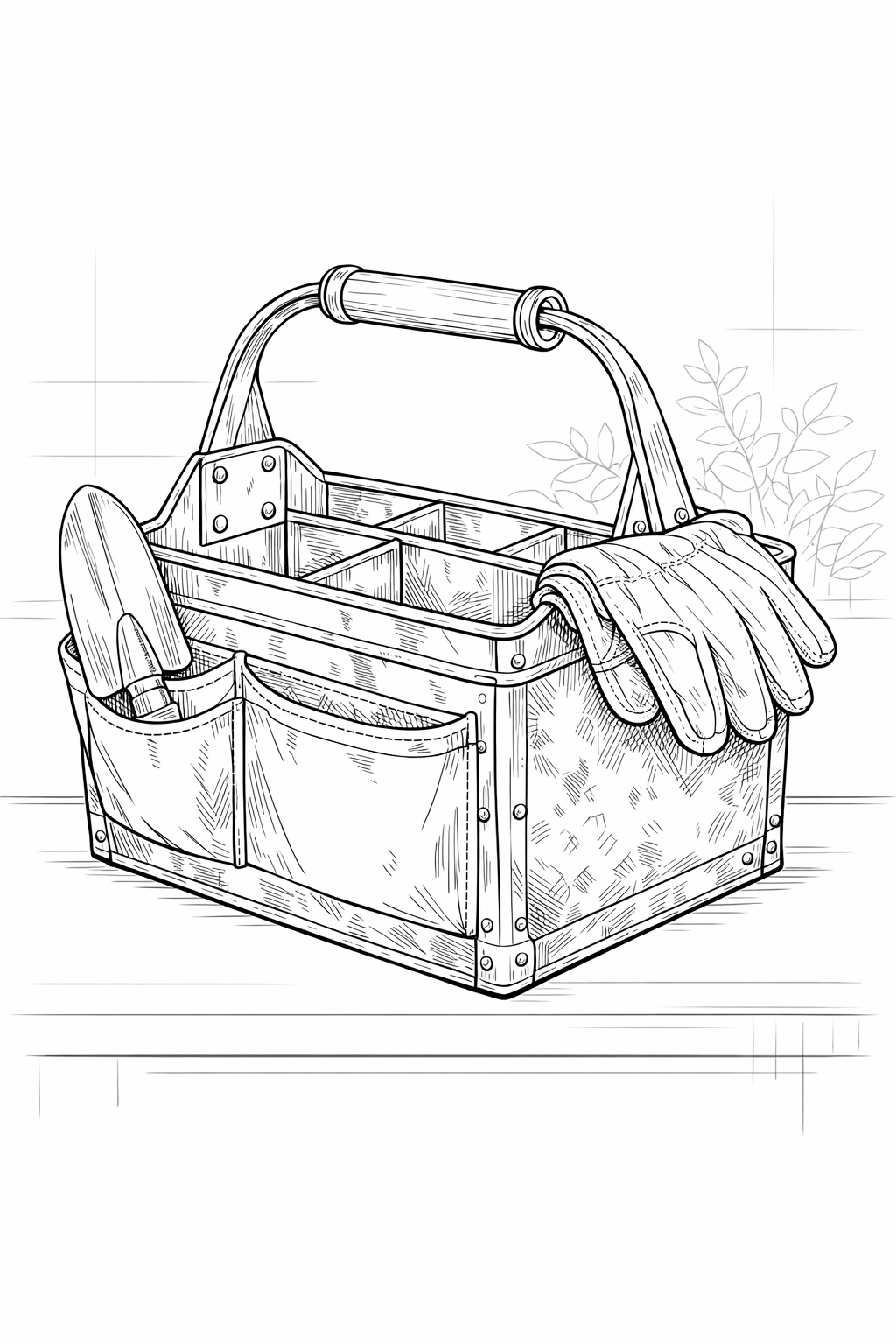 Galvanized Garden Tool Caddy Coloring Page – Detailed Line Art Still Life
