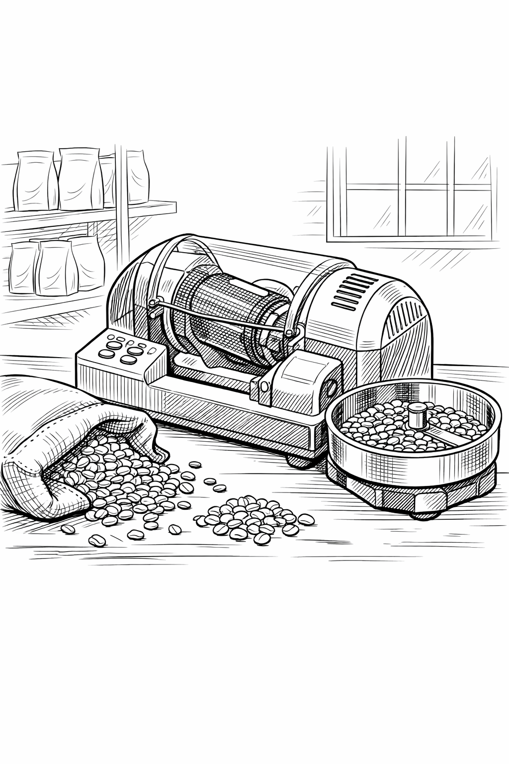 Gene Cafe CBR-101 Coffee Roaster Coloring Page — Technical Line Drawing
