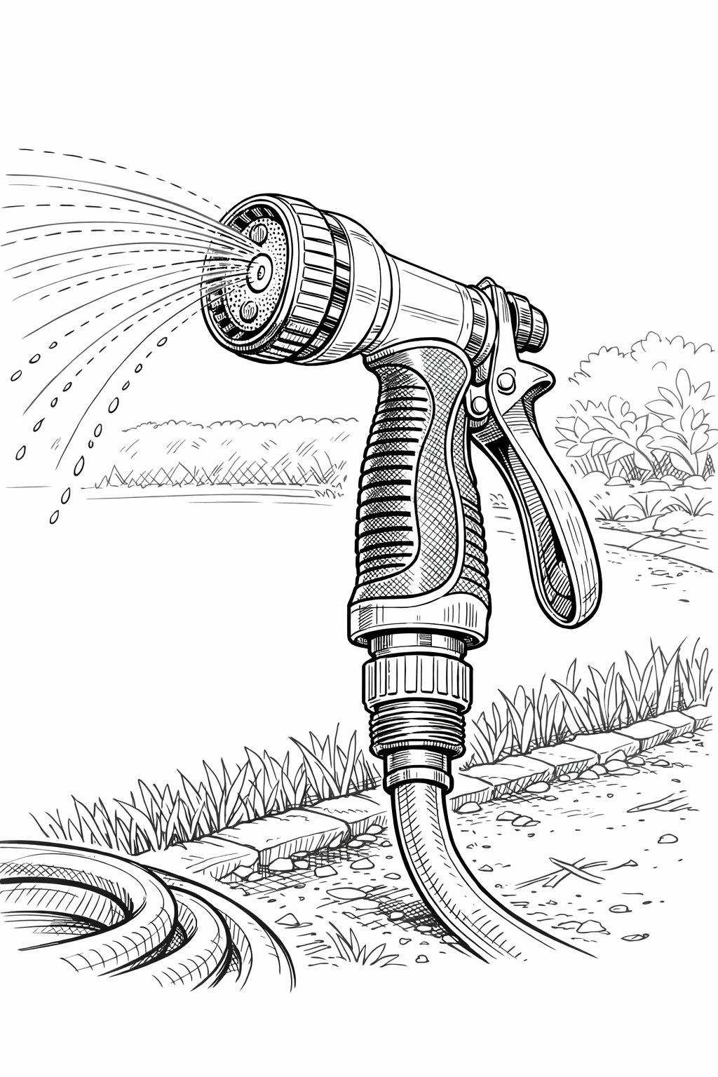 Technical Line Drawing of Gilmour-style Hose Nozzle with Lawn Edge and Spray Arc