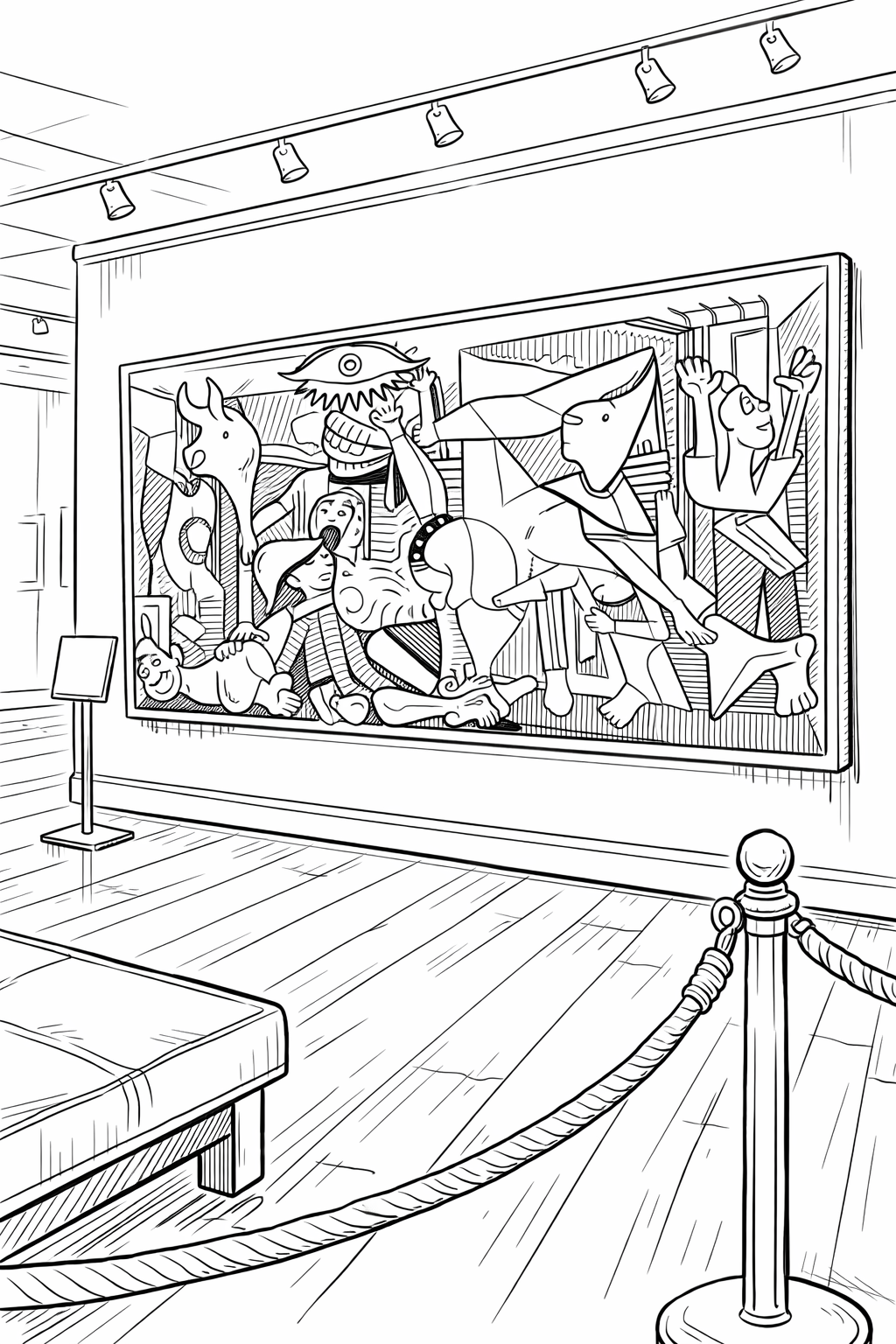 Guernica in a museum gallery — black-and-white line art coloring page