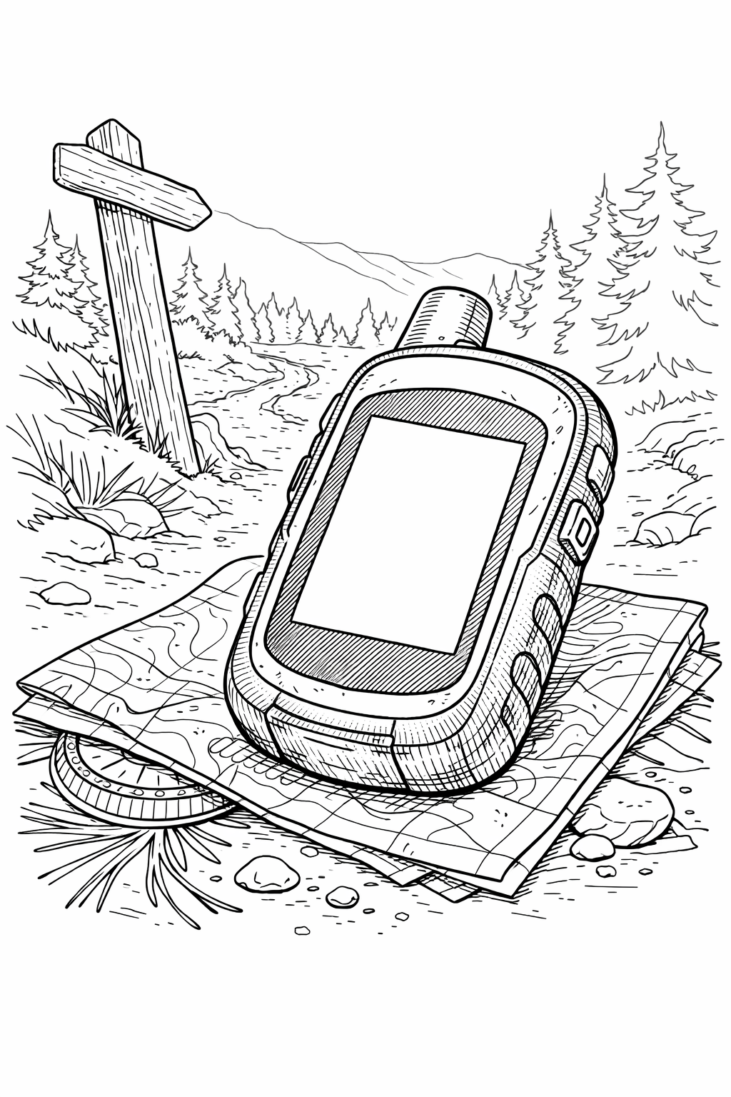 Handheld GPS with Topographic Map on Forest Trail Coloring Page
