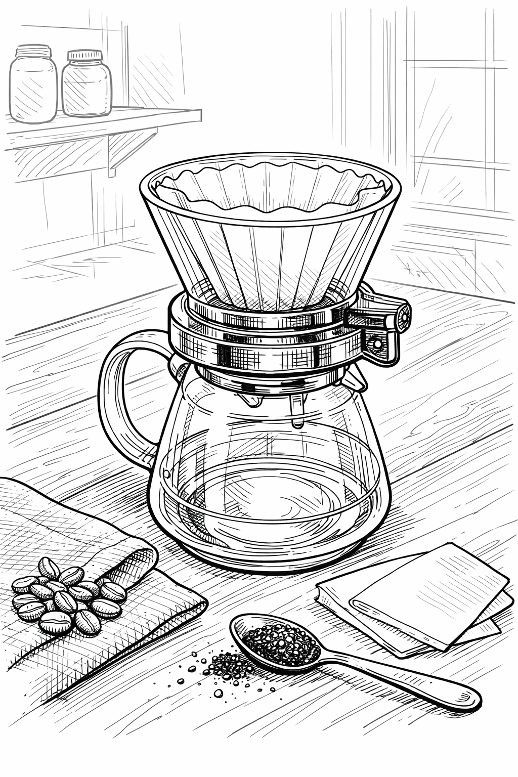 Hario Switch immersion dripper tabletop vignette — technical line art coloring page