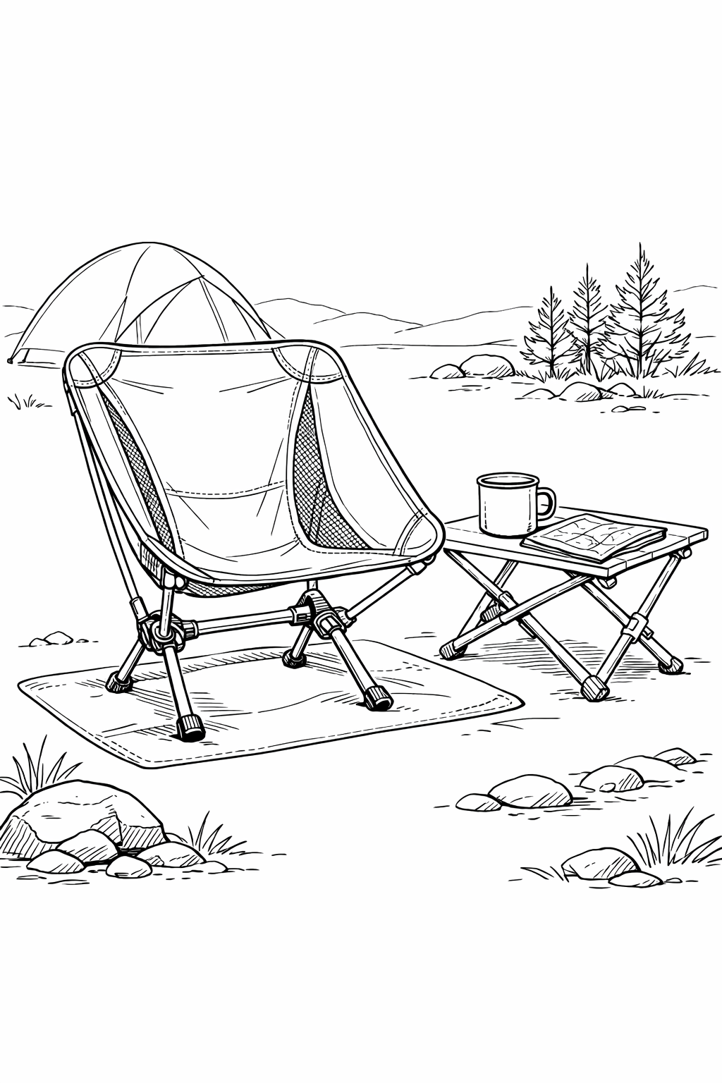 Helinox Chair One at Campsite — Technical Line Art Coloring Page