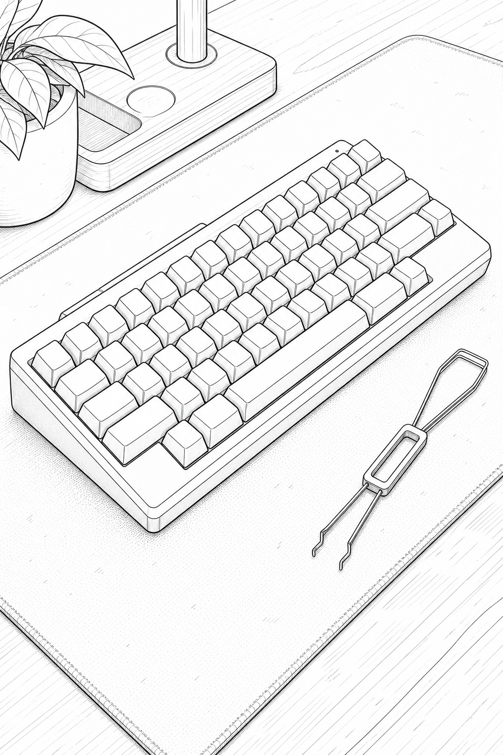 HHKB Professional HYBRID Type-S closeup technical line drawing coloring page