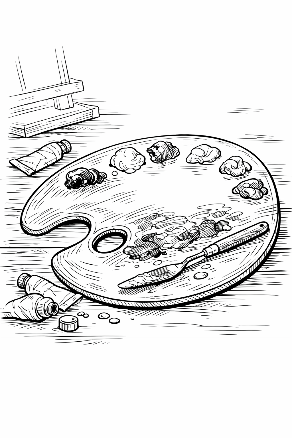 Holbein-style Wooden Artist Palette with Oil Paints – Coloring Page
