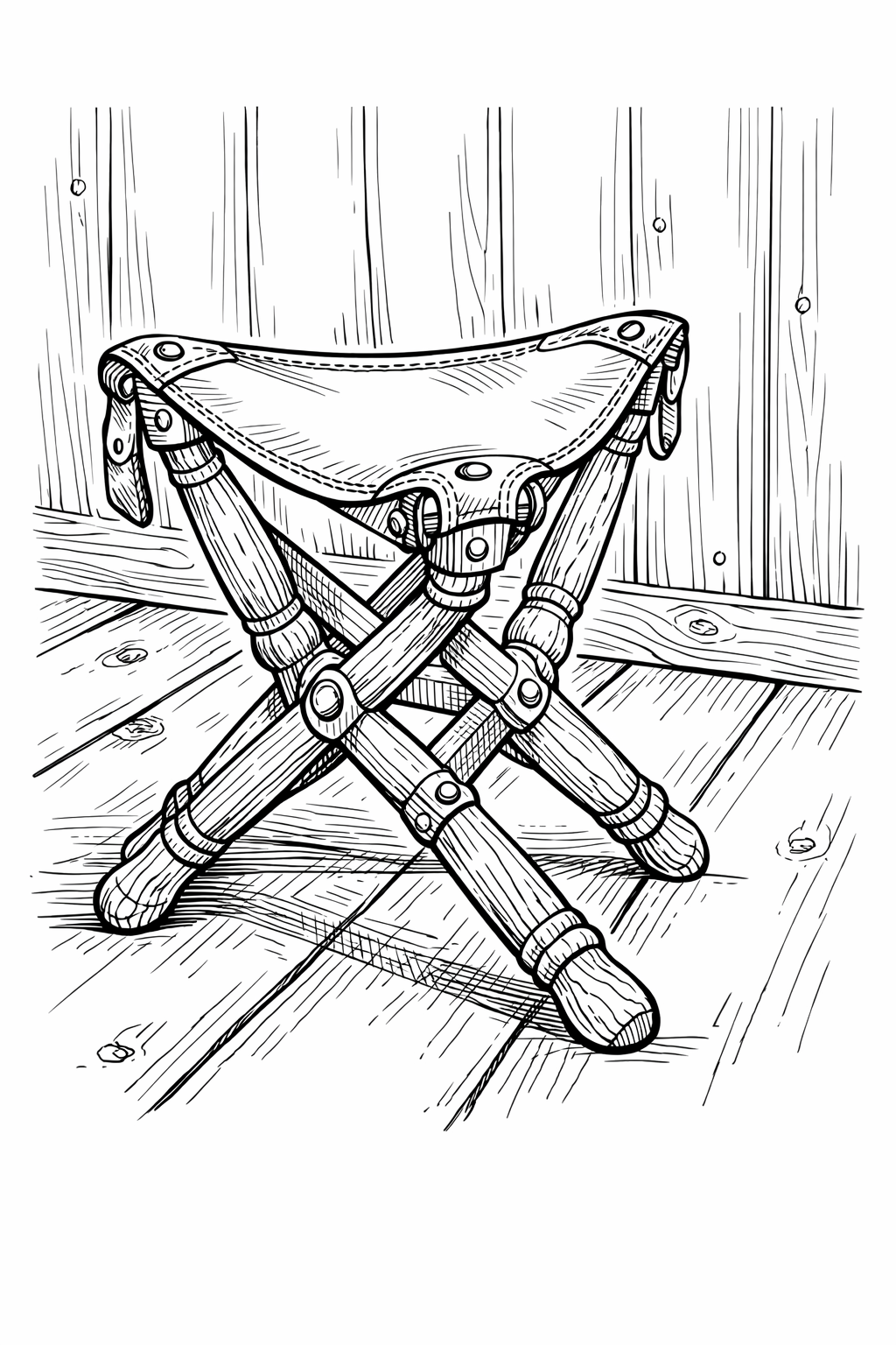 Hunting Stool in Cabin — Detailed Line Art Coloring Page