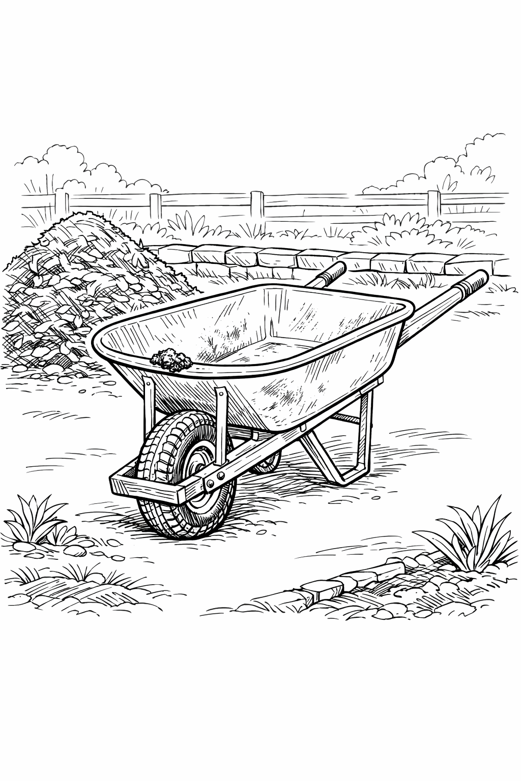 Contractor Wheelbarrow with Compost and Garden Border Coloring Page