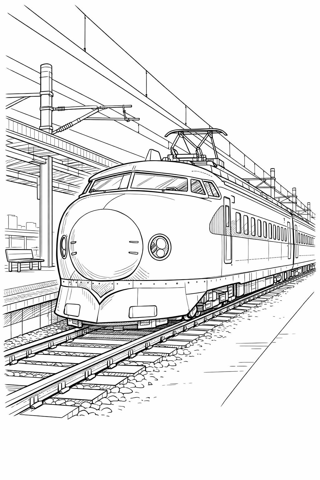 Japanese 0 Series Shinkansen on a Station Platform — Technical Line Drawing Coloring Page