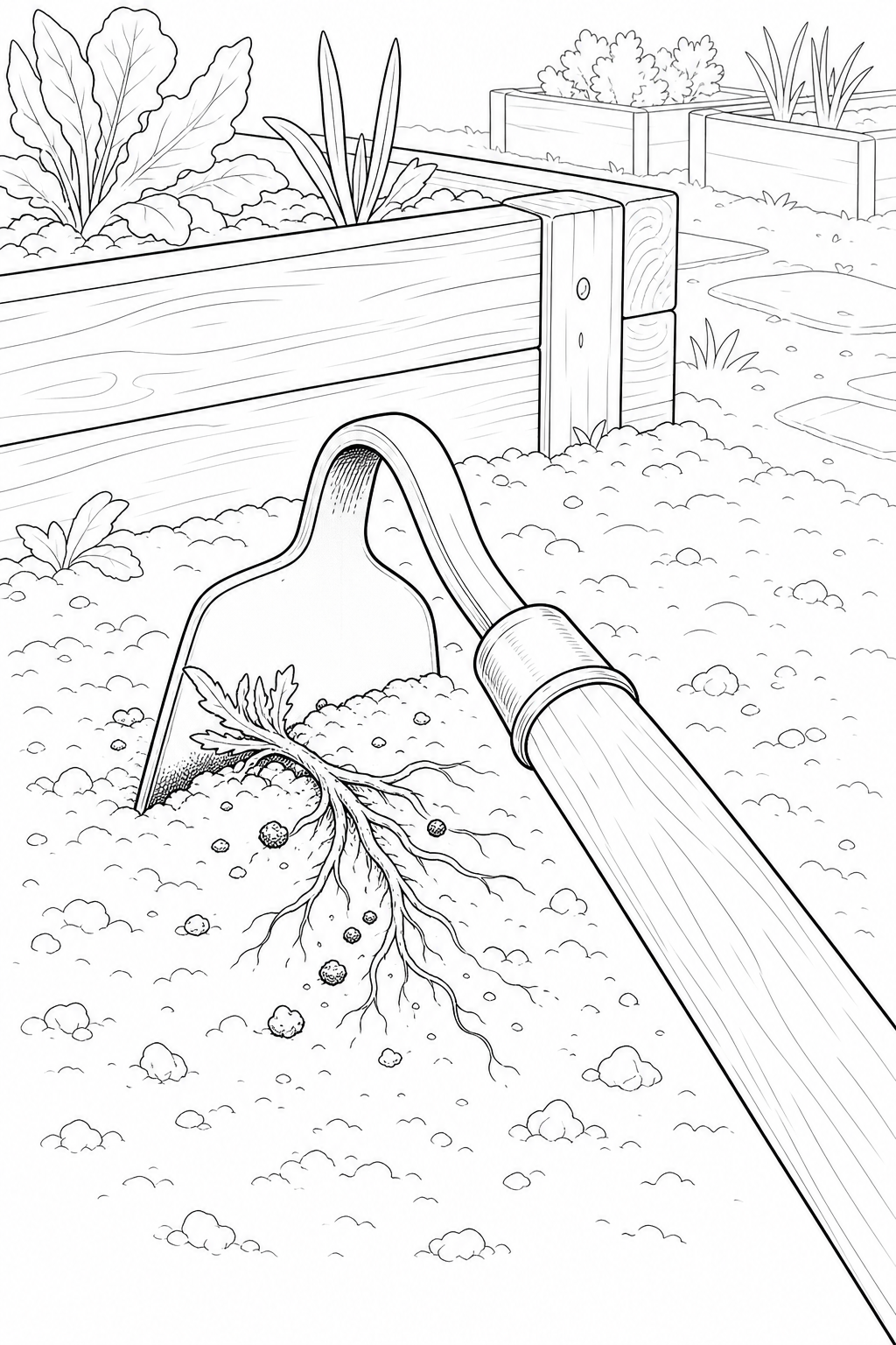 Japanese Hand Hoe in Raised Bed — Detailed Gardening Line Art Coloring Page