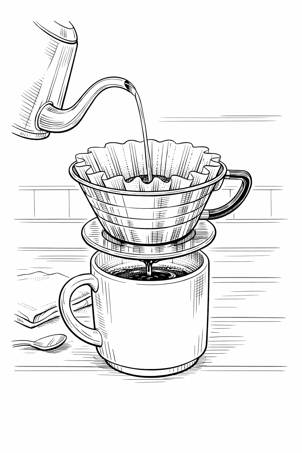 Kalita Wave 185 Dripper with Gooseneck Kettle – Technical Line Art Coloring Page