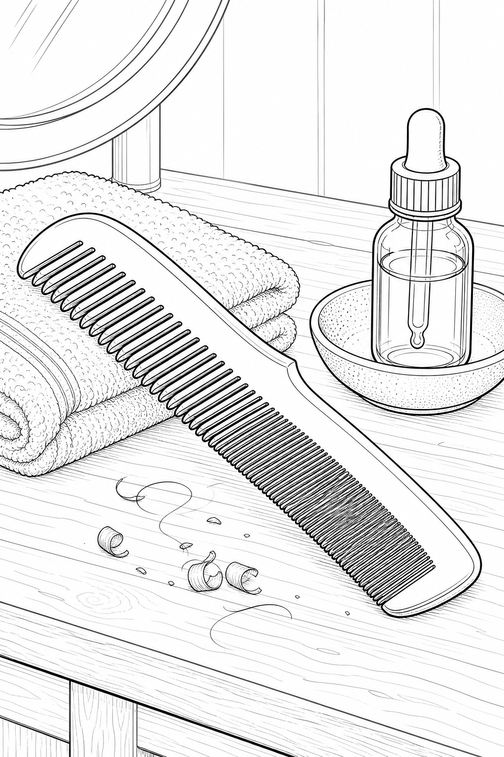 Kent Handmade Comb Grooming Vignette Coloring Page — Technical Line Drawing
